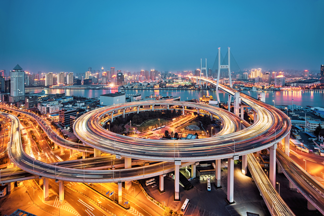 beautiful nanpu bridge at dusk ,crosses huangpu river ,shanghai ,China