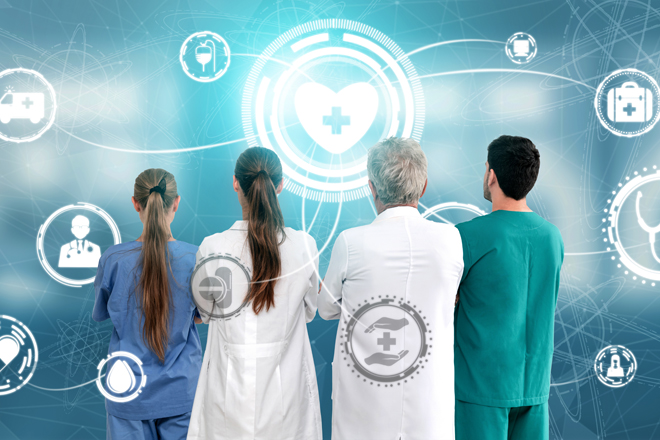 Group of medical doctors and nurses in hospital. Medical Healthcare Concept - Doctor in hospital with digital medical icons graphic banner showing symbol of medicine, medical care people, emergency service network, doctor data of patient health.