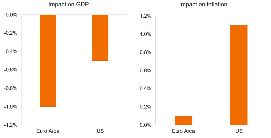 Two column charts next to each other showing potential impact from tariffs. The first shows the impact on gross domestic product with the Euro Area suffering a 1% loss in GDP, while the US loses 0.5%. The second chart shows the impact on inflation with inflation 0.1% higher in the Euro Area but 1.1% higher in the US.