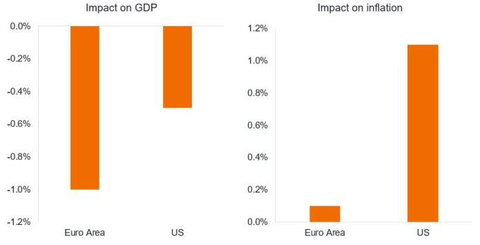 Due istogrammi uno accanto all'altro che mostrano il potenziale impatto dei dazi. Il primo mostra l'impatto sul prodotto interno lordo, che scende dell'1% nell'Eurozona e dello 0,5% negli Stati Uniti. Il secondo mostra l'impatto sull'inflazione, in rialzo dello 0,1% nell'Eurozona, ma dell'1,1% negli Stati Uniti.