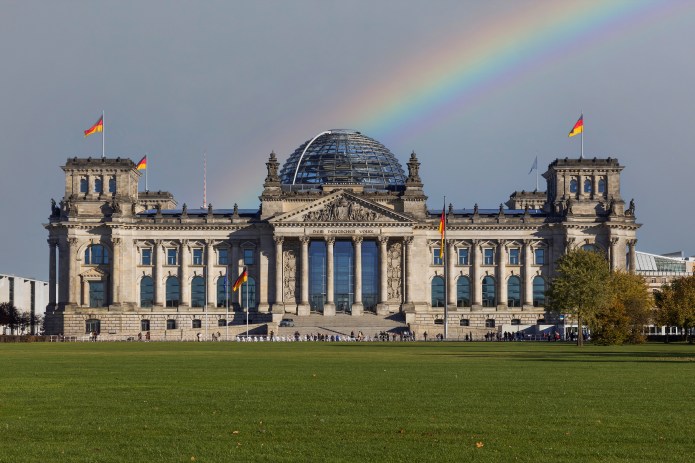 Rainbow over the Reichstag building in the German capital Berlin