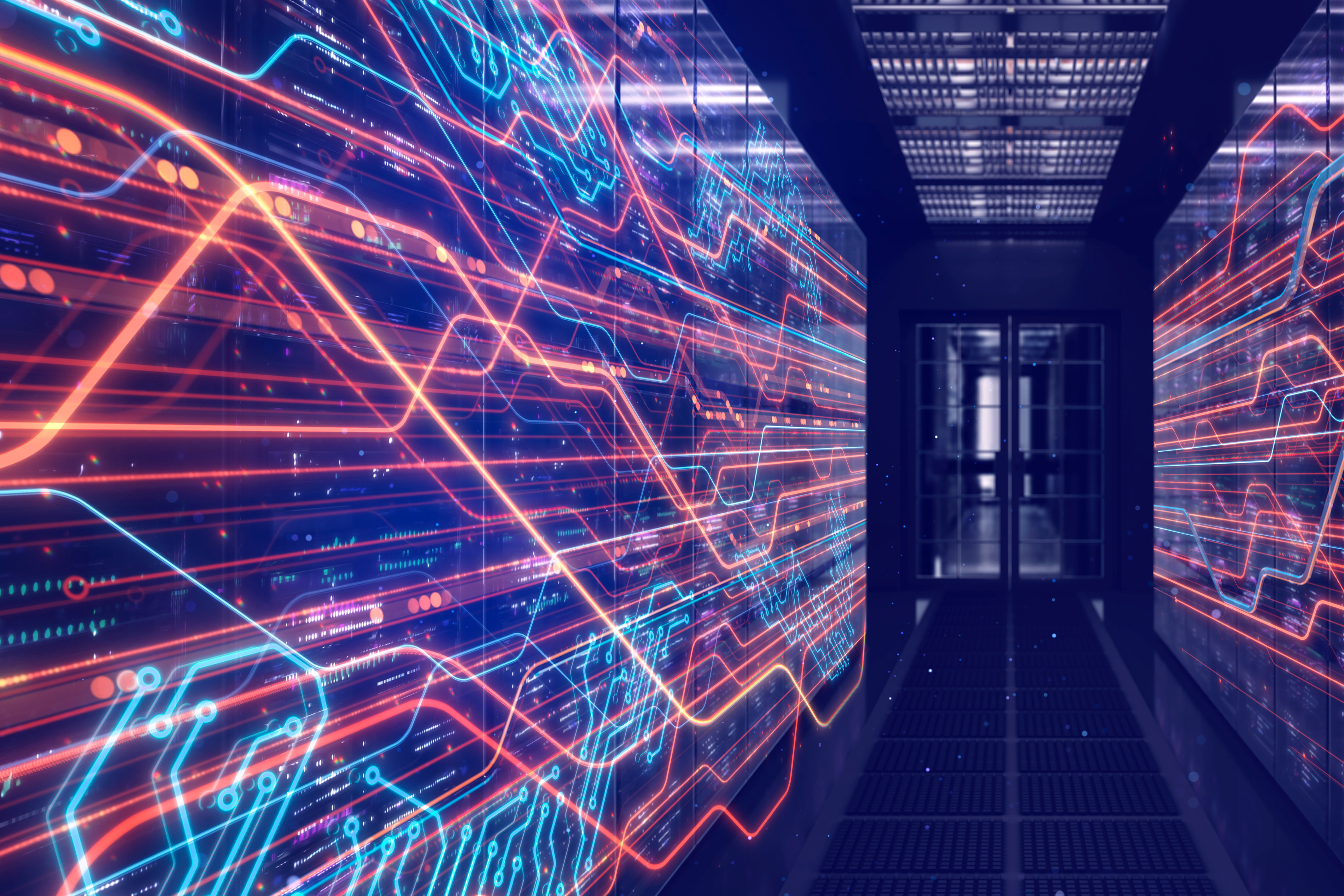 Abstract image of a data center communication using optical semiconductors.