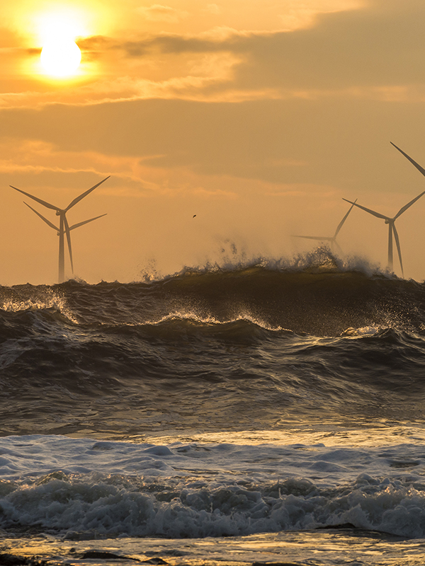 Windräder bei Sonnenaufgang vor der Nordostküste