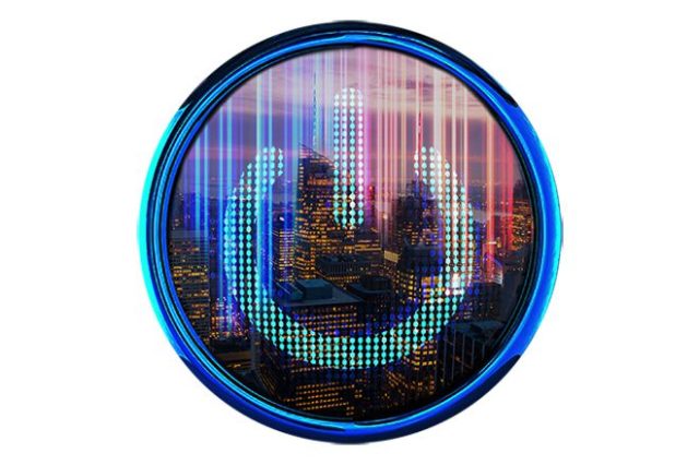 power button decorated with a sunset city skyline shot