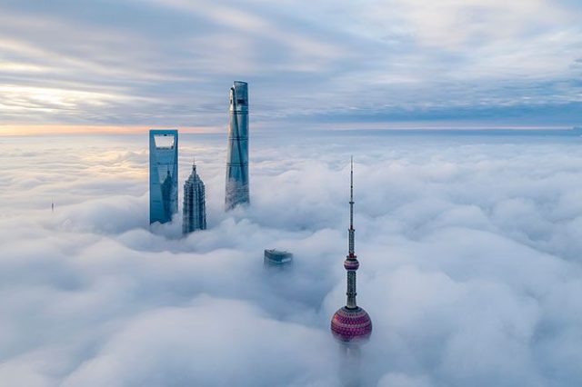 skyscrapers in clouds