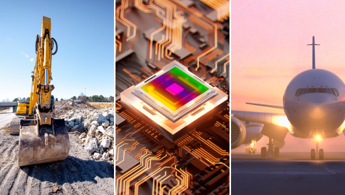 Image of a jet engine passenger plane landing on a runway with the sunset just behind the plane. Futuristic image of an advanced microchip with complicated circuitry leading into it. Image of a yellow digger scraping a road as part of the construction of a new highway.