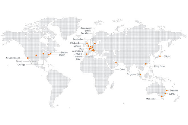 world map with orange dots showing Janus Henderson office locations