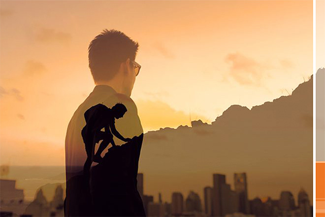 a climber makes their way up an incline with an overlay of a businessman looking out over a city skyline at sunset