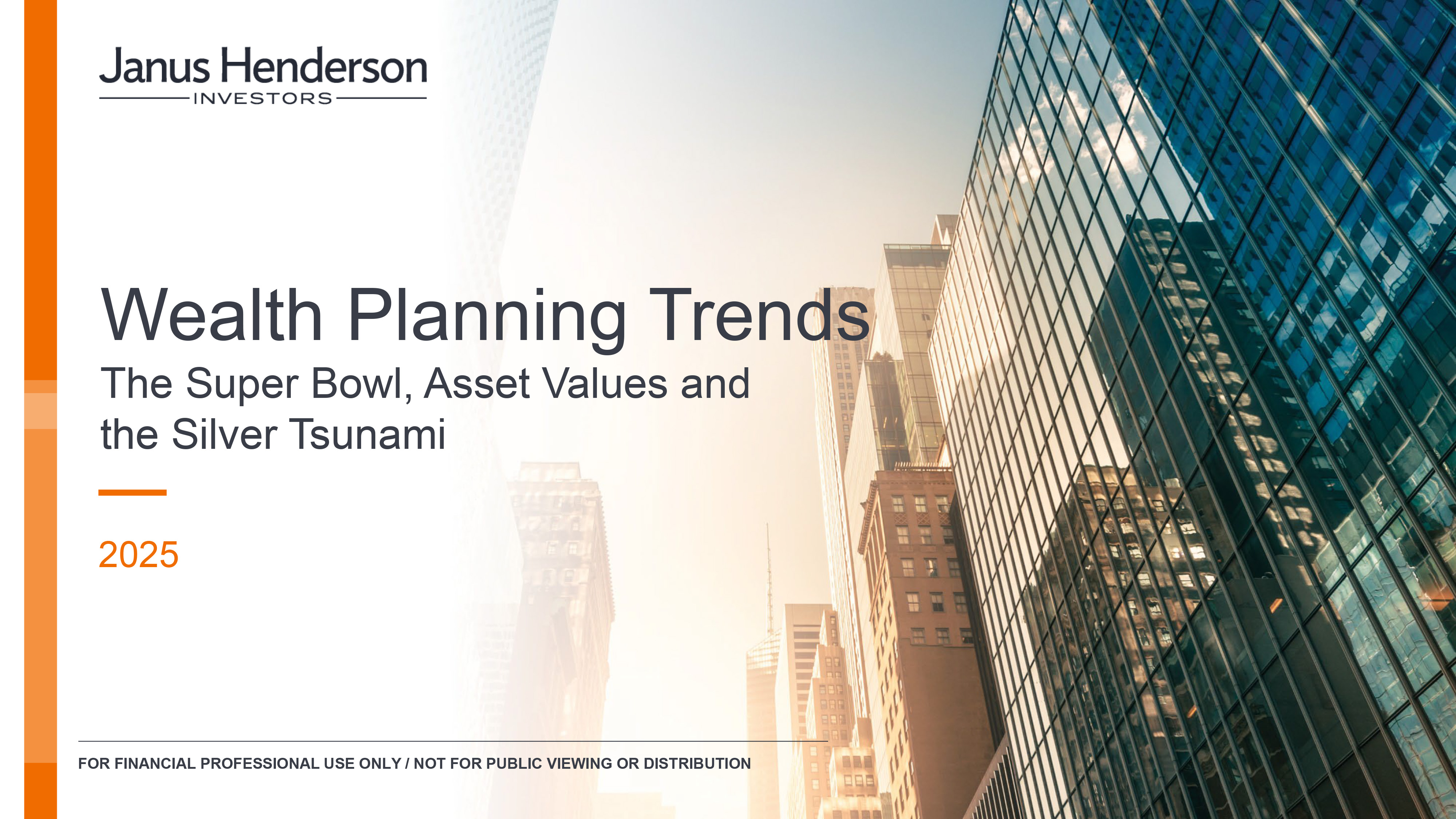 Preview of a the first page of a pdf file that describes wealth planning trends for 2025. There is a city backdrop next to a rising sun.